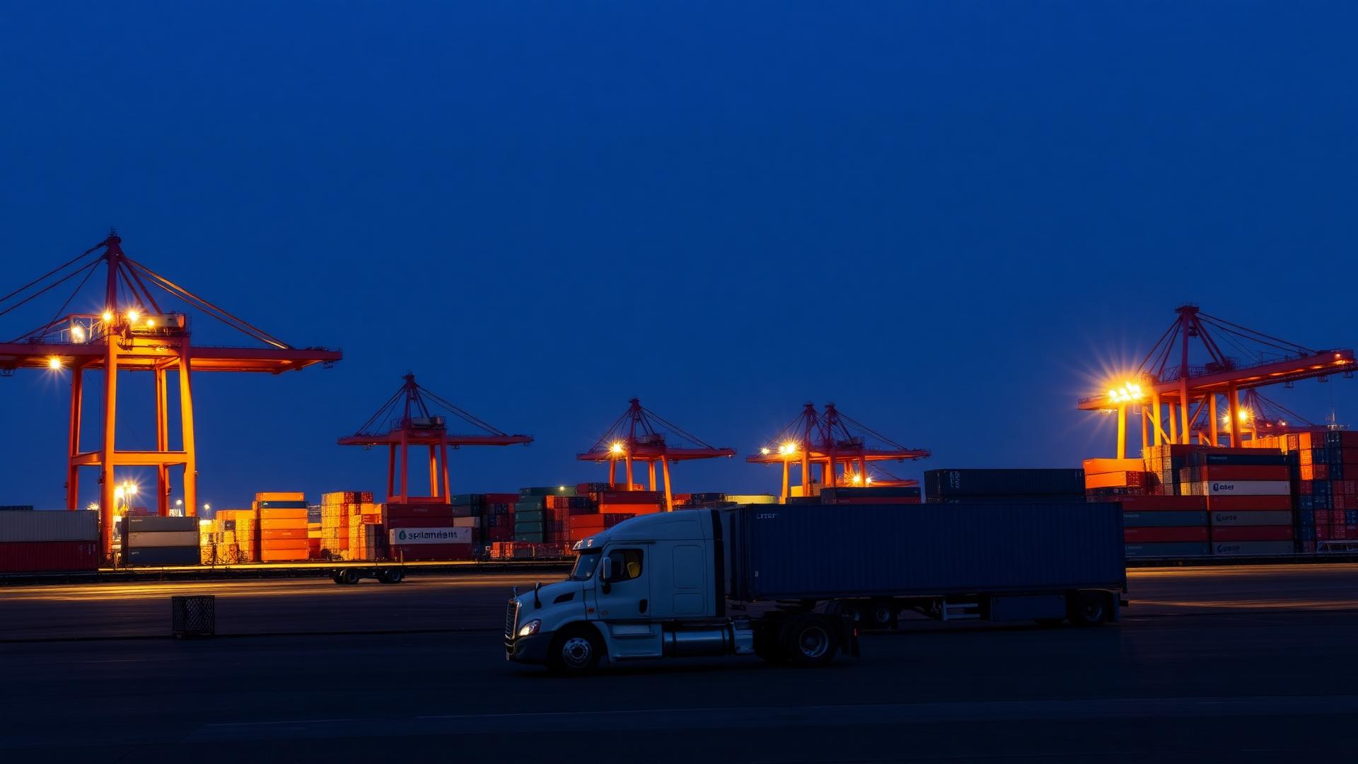 Container port with cranes and a freight truck